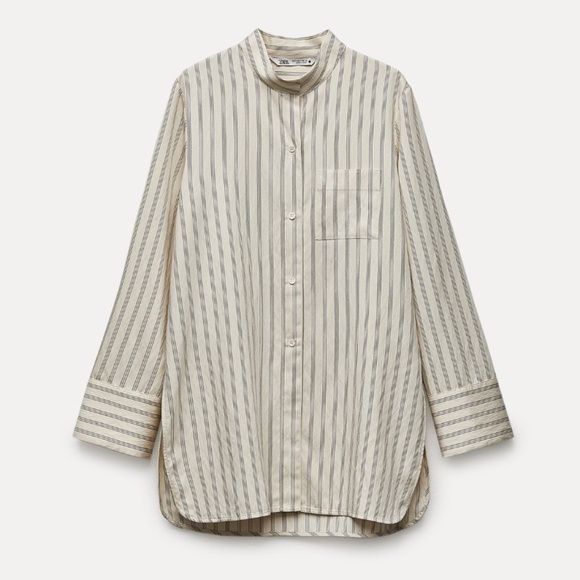 Zara cream long sleeve striped button up shirt tunic made in Europe NWT - Picture 1 of 9